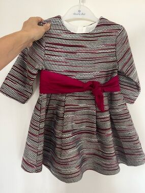 Girls' Textured Stripe Party Dress with Berry Sash